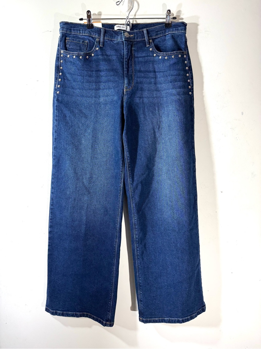 Nine West Womens Wide Leg Jeans High Rise Studded Dark Wash Size 12 NWT